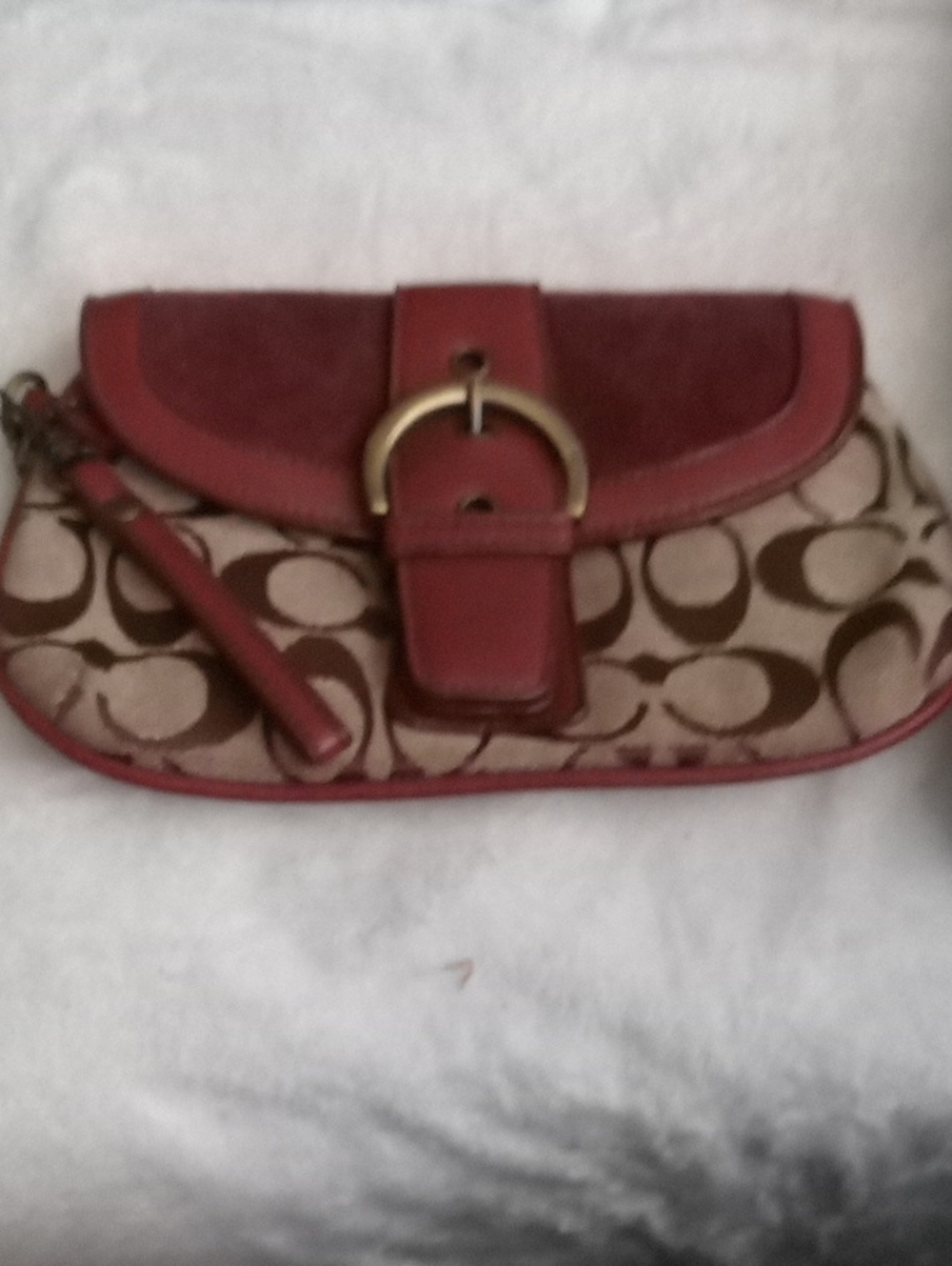 COPY. .Coach Signature Suede And Canvas Wristlet with Red Leather Trim